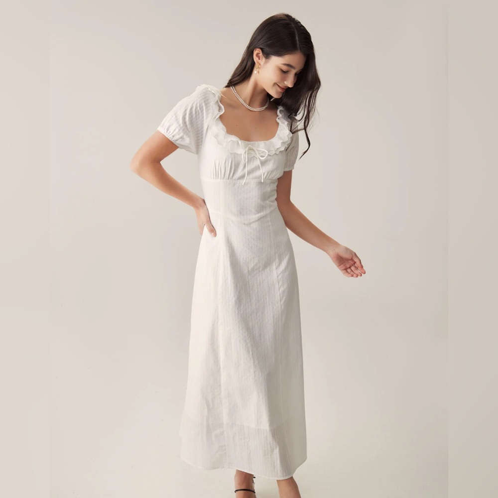 RIHOAS White Puff Sleeve Ruffle Maxi Dress